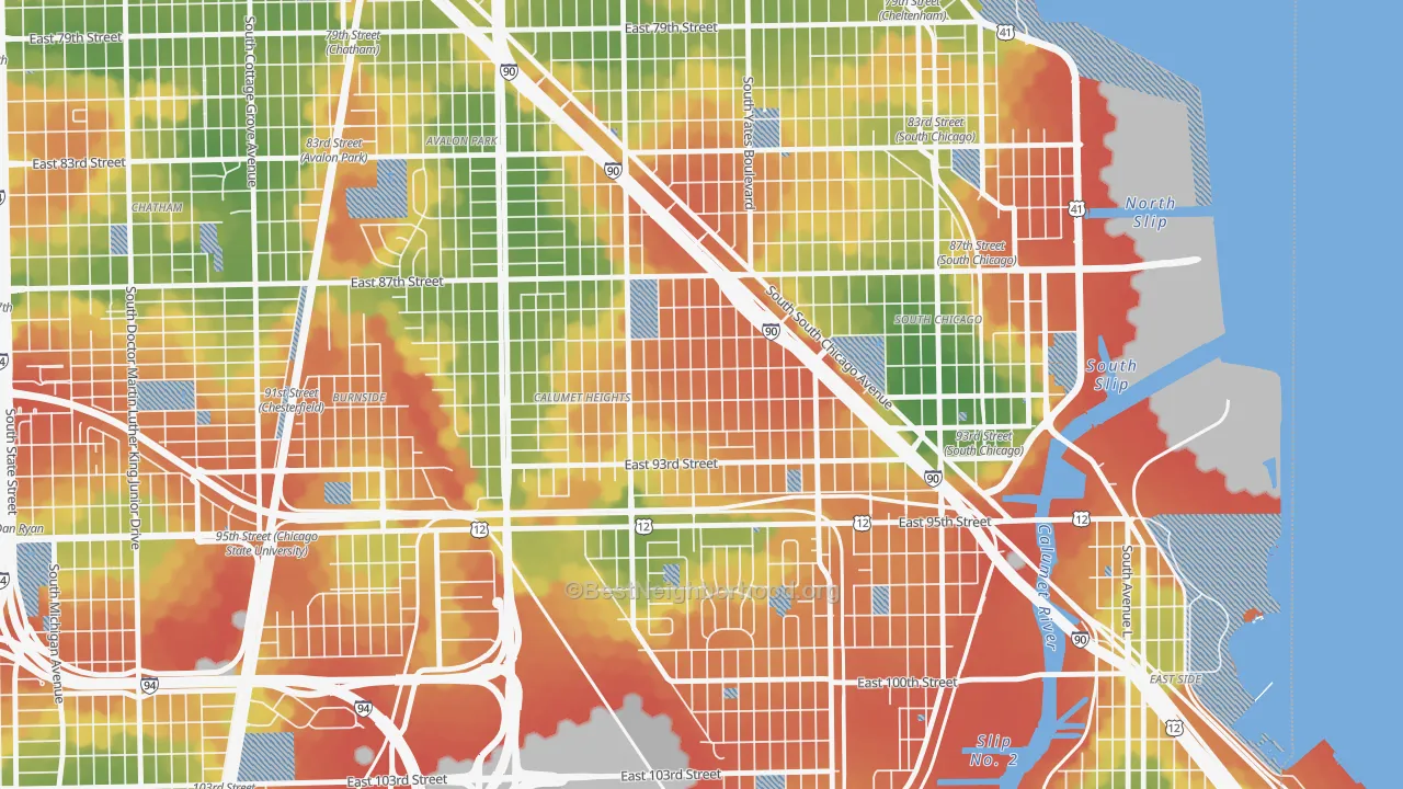 Walk Grade map of Pill Hill, Chicago, IL, walkable areas in green and car-dependent areas in red