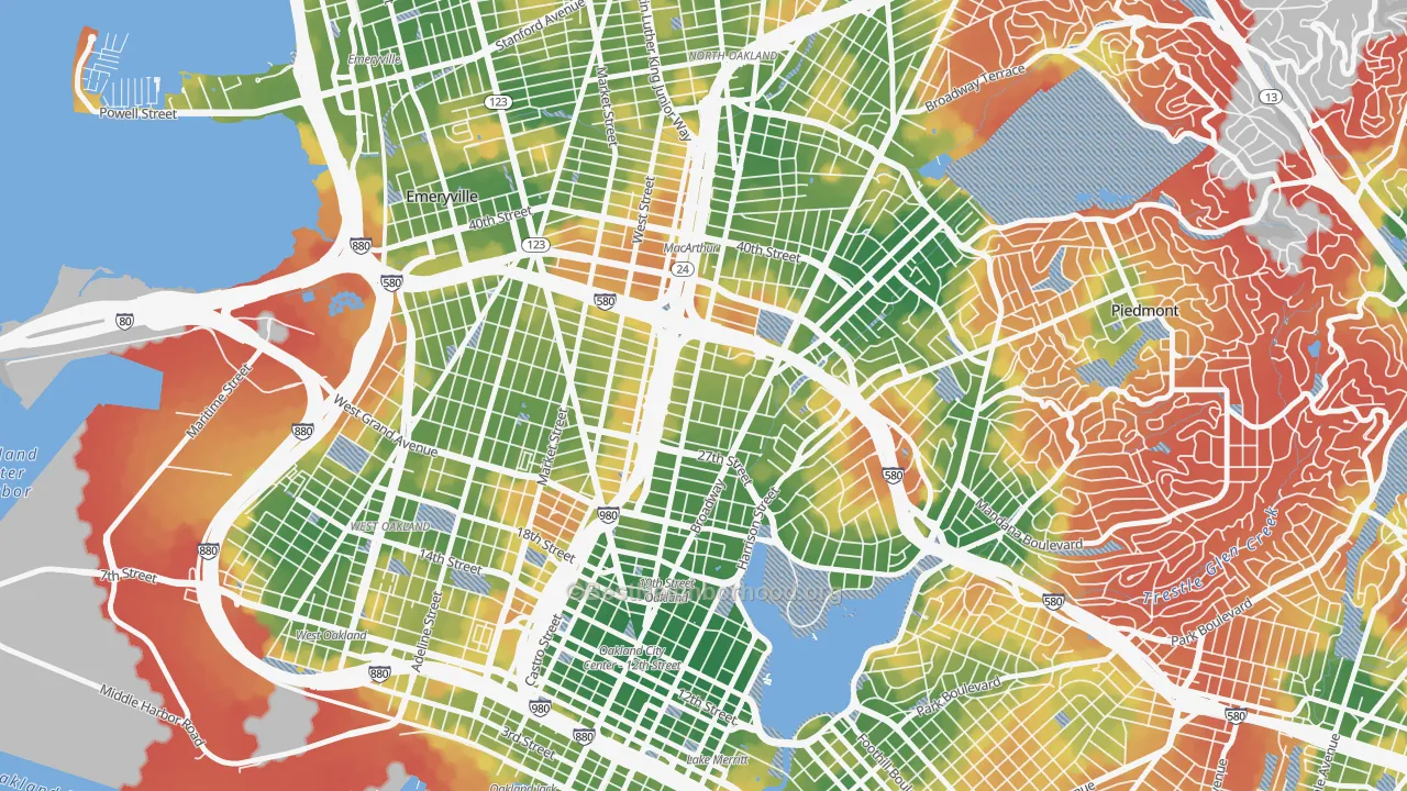 Walk Grade map of Pill Hill, Oakland, CA, walkable areas in green and car-dependent areas in red
