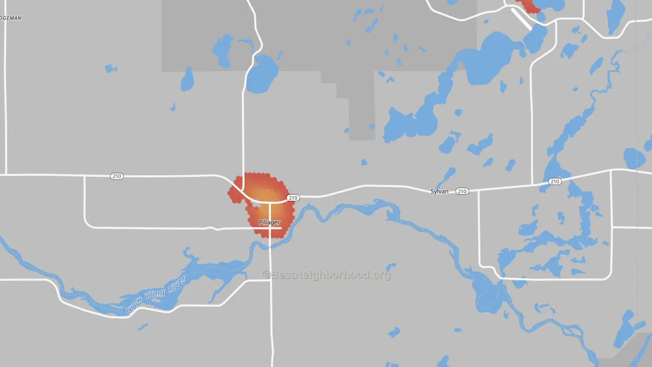 Walk Grade map of Pillager, MN, walkable areas in green and car-dependent areas in red