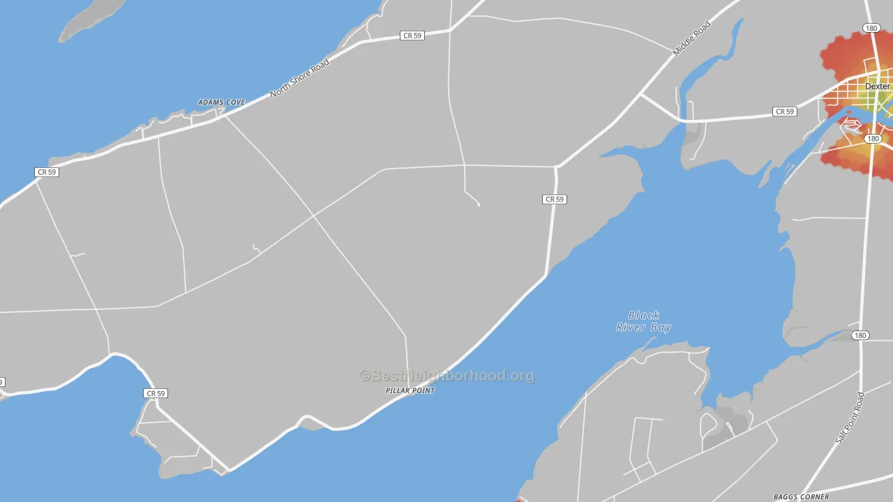 Walk Grade map of Pillar Point, NY, walkable areas in green and car-dependent areas in red