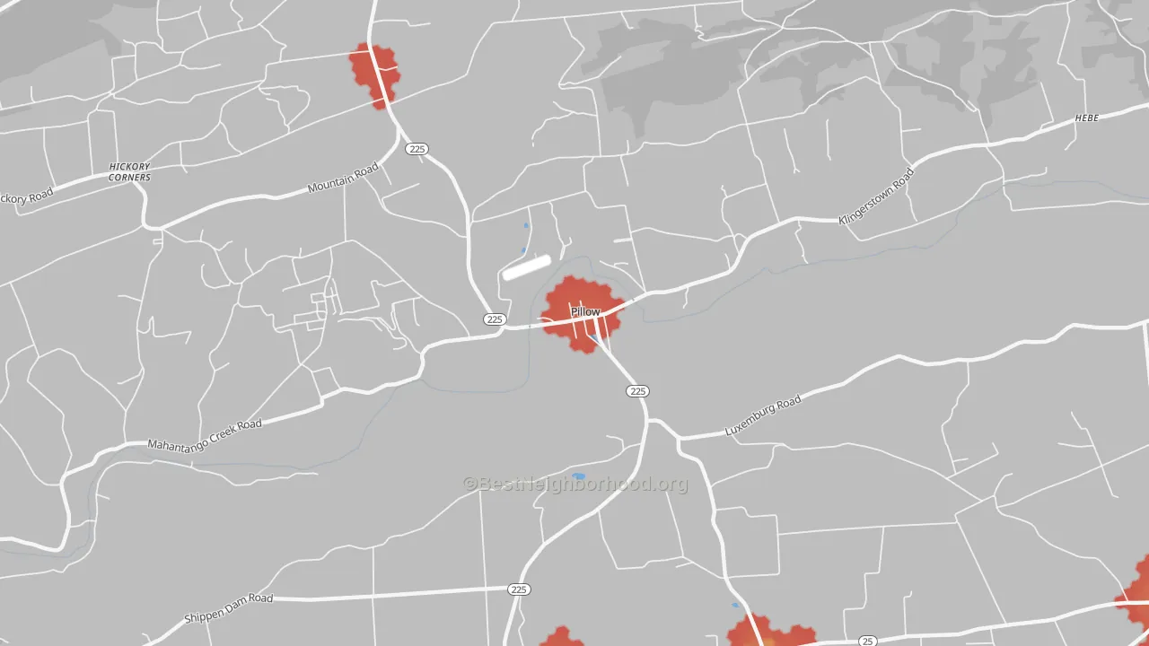 Walk Grade map of Pillow, PA, walkable areas in green and car-dependent areas in red