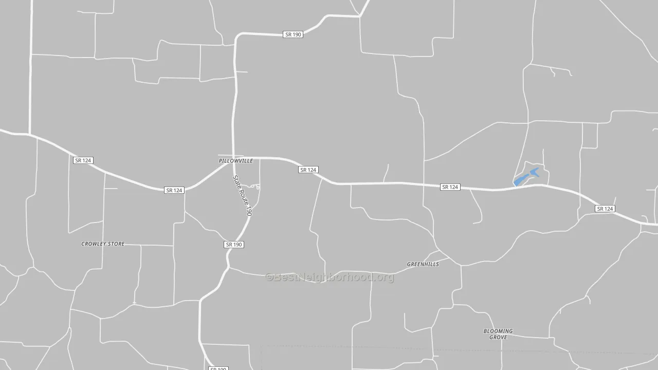 Walk Grade map of Pillowville, TN, walkable areas in green and car-dependent areas in red