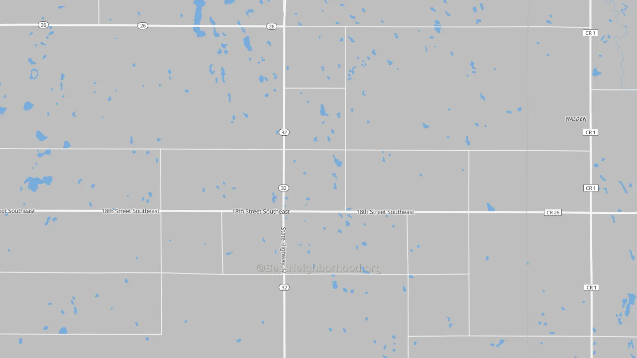 Walk Grade map of Pillsbury, ND, walkable areas in green and car-dependent areas in red