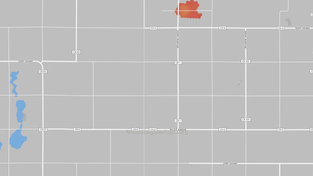 Walk Grade map of Pilot Grove, MN, walkable areas in green and car-dependent areas in red