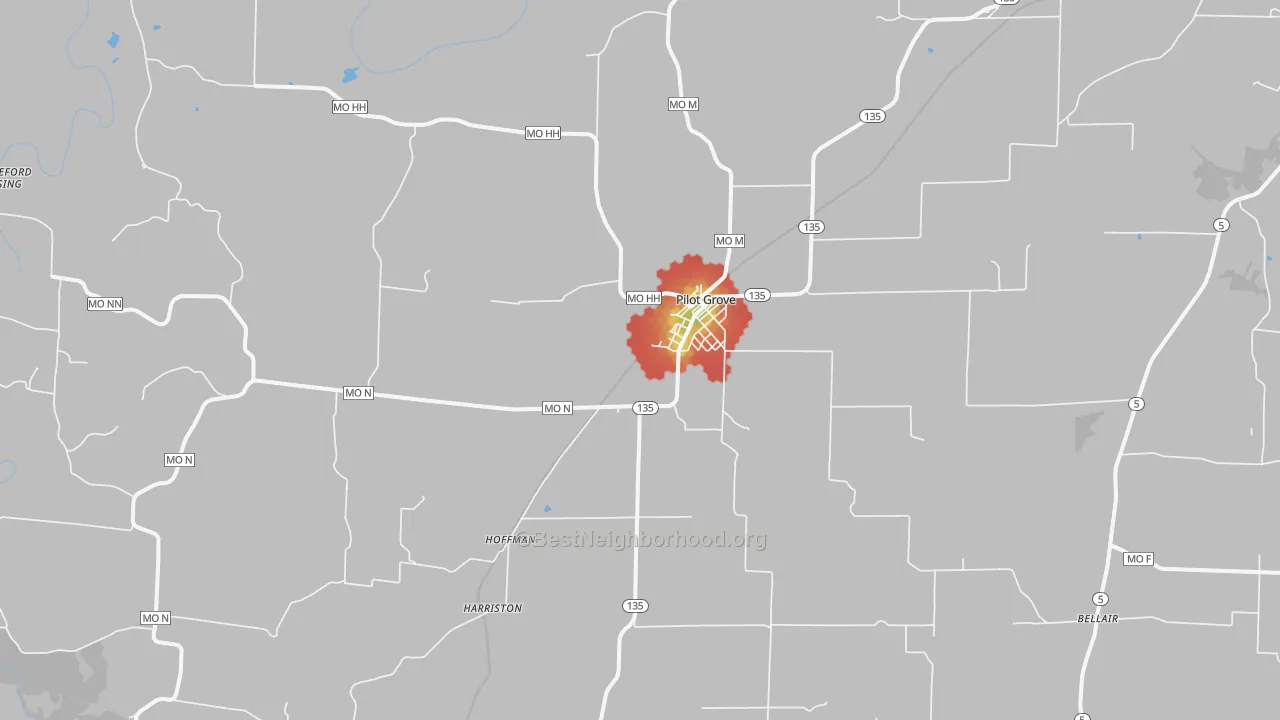 Walk Grade map of Pilot Grove, MO, walkable areas in green and car-dependent areas in red