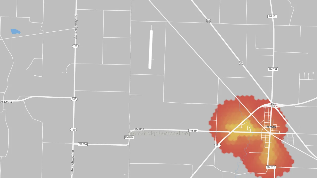 Walk Grade map of Pilot Grove, TX, walkable areas in green and car-dependent areas in red