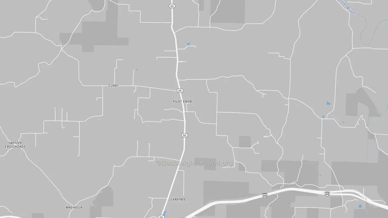 Walk Grade map of Pilot Knob, IN, walkable areas in green and car-dependent areas in red