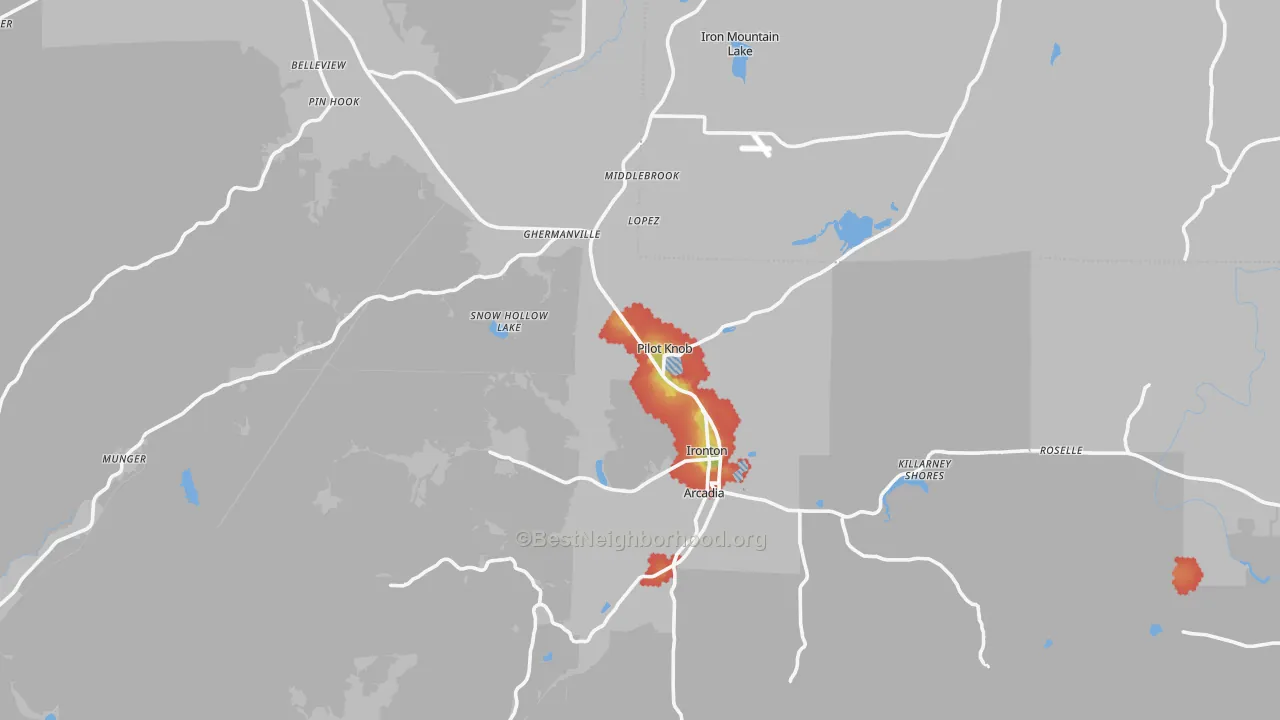 Walk Grade map of Pilot Knob, MO, walkable areas in green and car-dependent areas in red