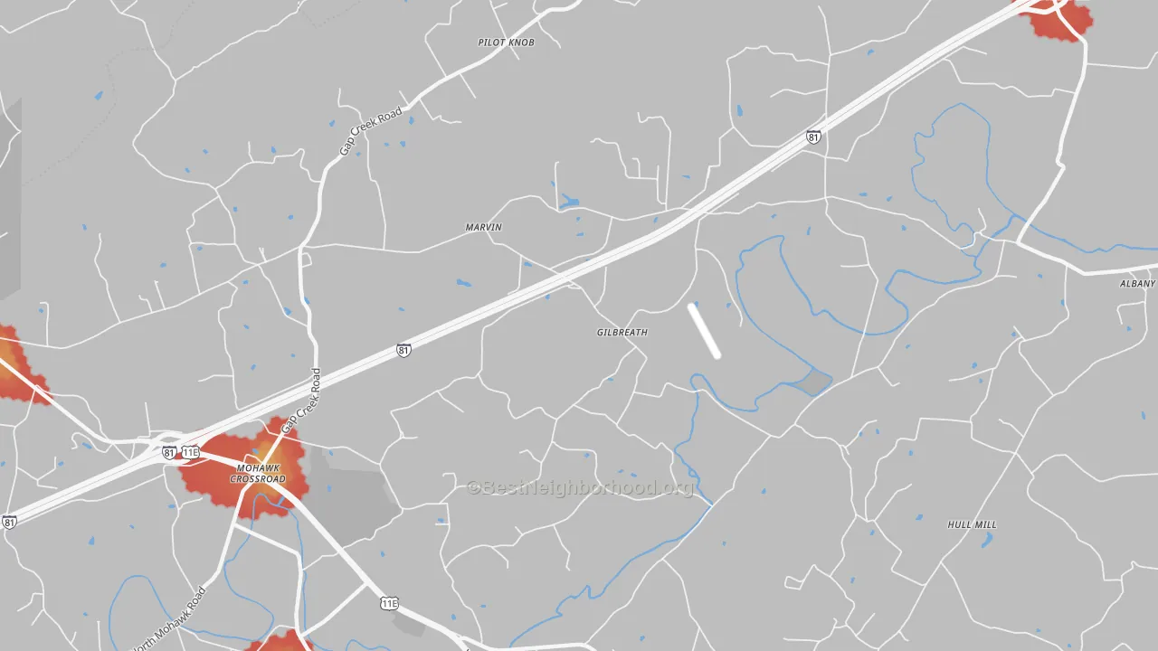 Walk Grade map of Pilot Knob, TN, walkable areas in green and car-dependent areas in red