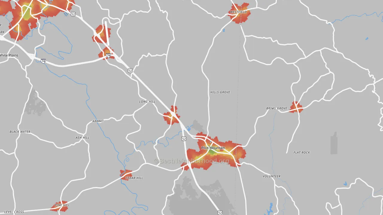 Walk Grade map of Pilot Mountain, NC, walkable areas in green and car-dependent areas in red