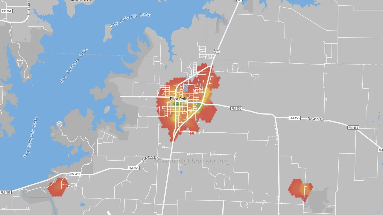 Walk Grade map of Pilot Point, TX, walkable areas in green and car-dependent areas in red