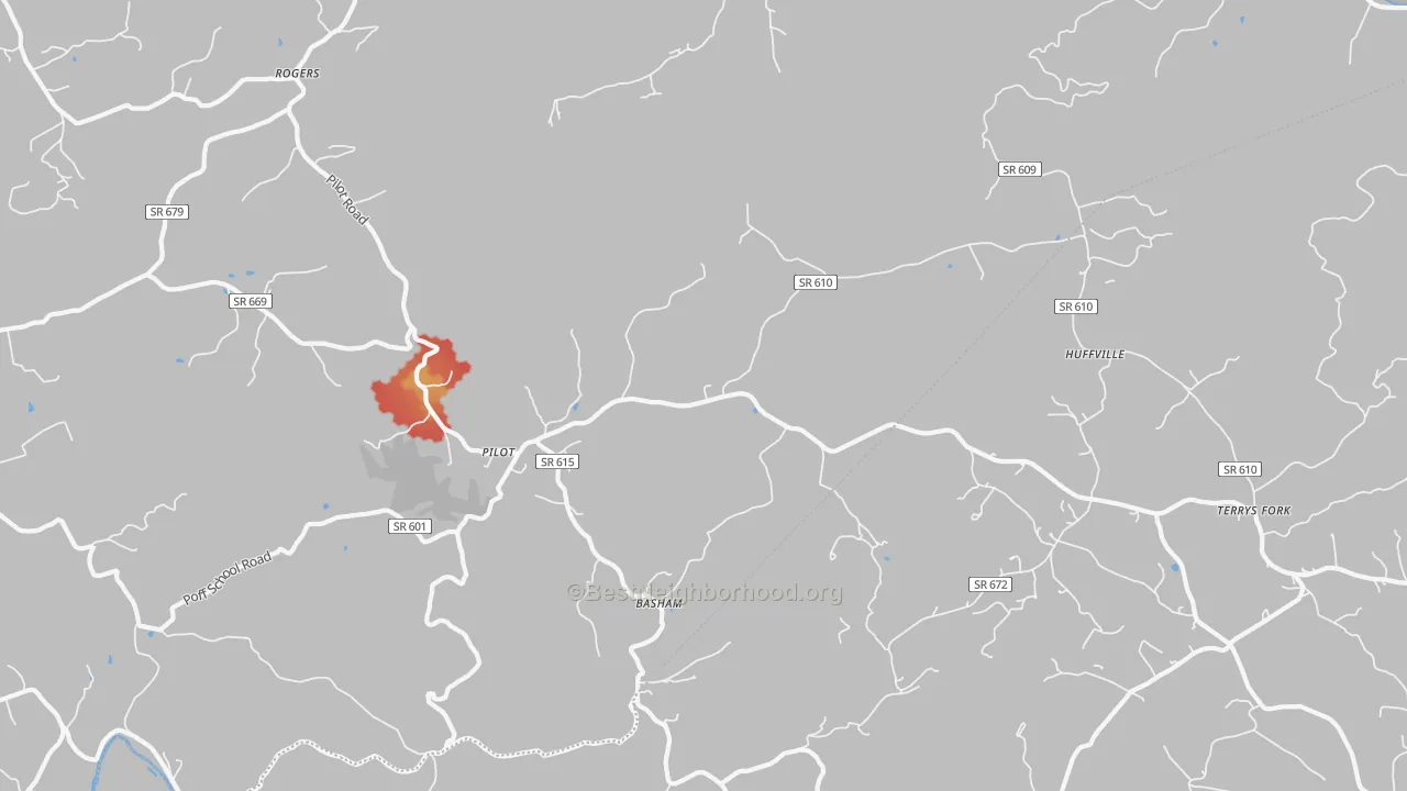 Walk Grade map of Pilot, VA, walkable areas in green and car-dependent areas in red