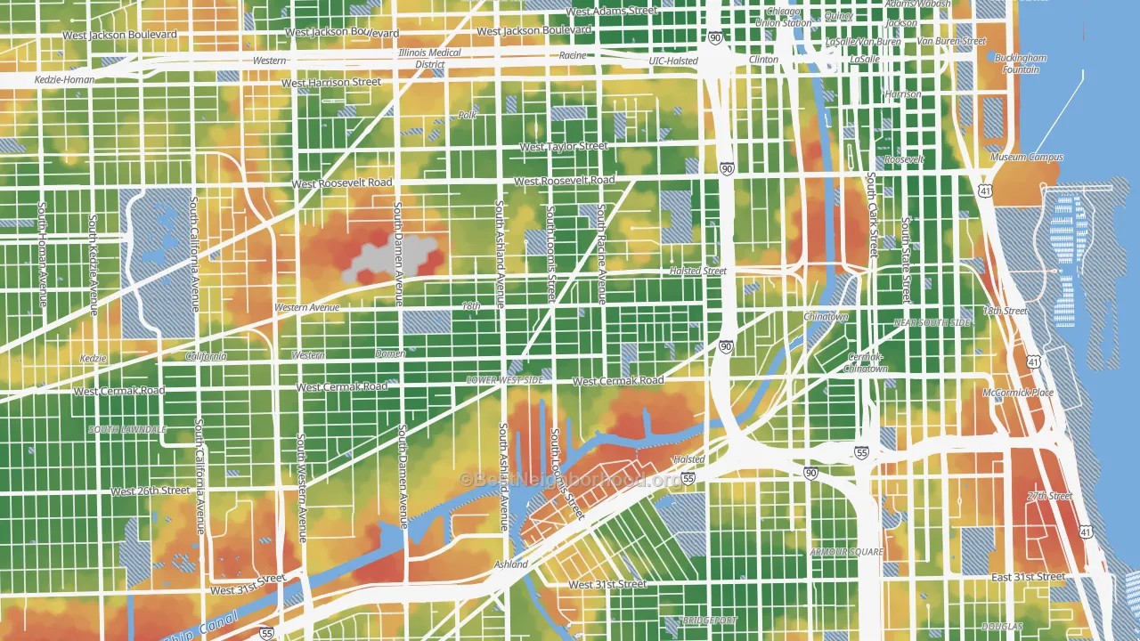 Walk Grade map of Pilsen, Chicago, IL, walkable areas in green and car-dependent areas in red