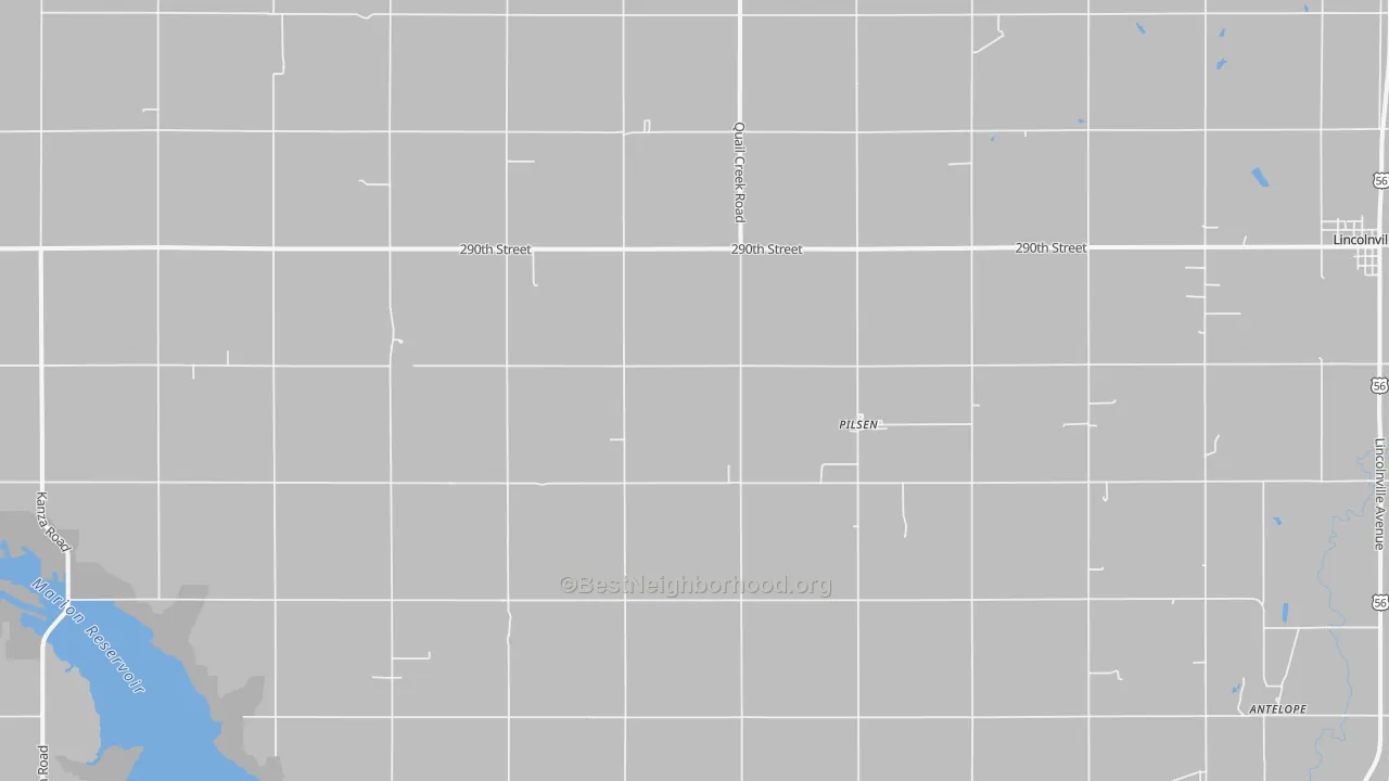Walk Grade map of Pilsen, KS, walkable areas in green and car-dependent areas in red