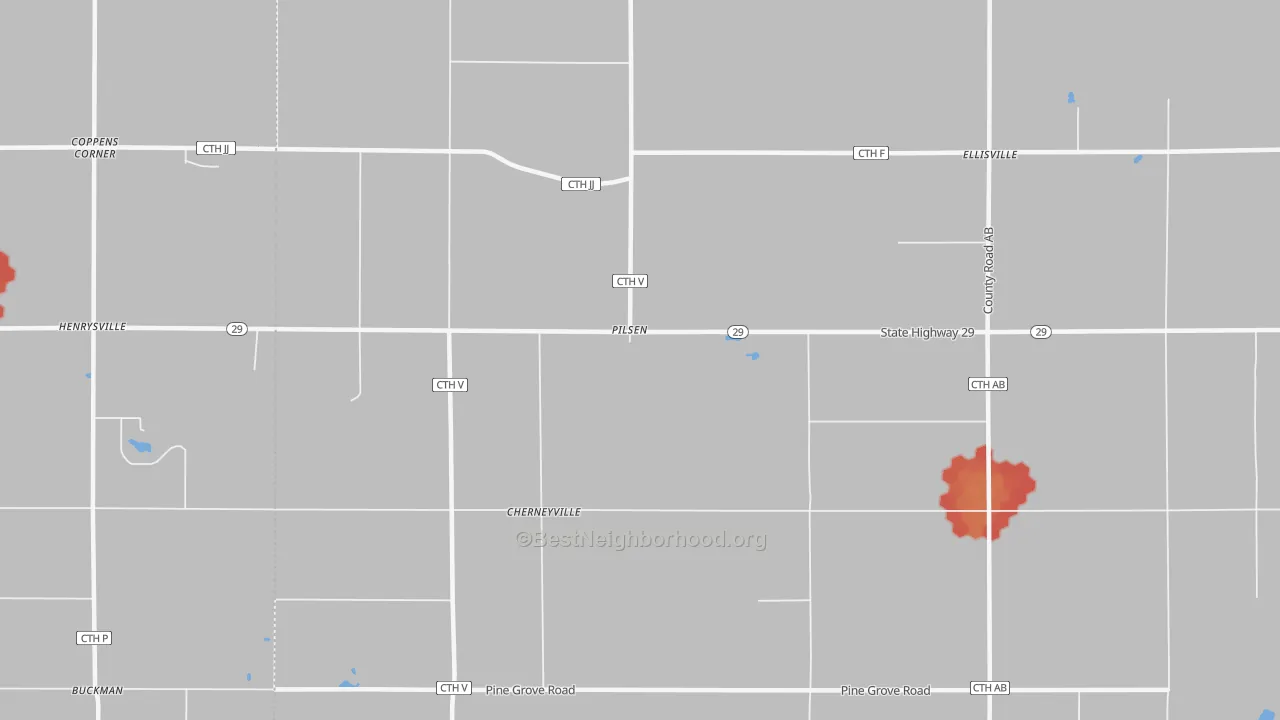 Walk Grade map of Pilsen, WI, walkable areas in green and car-dependent areas in red