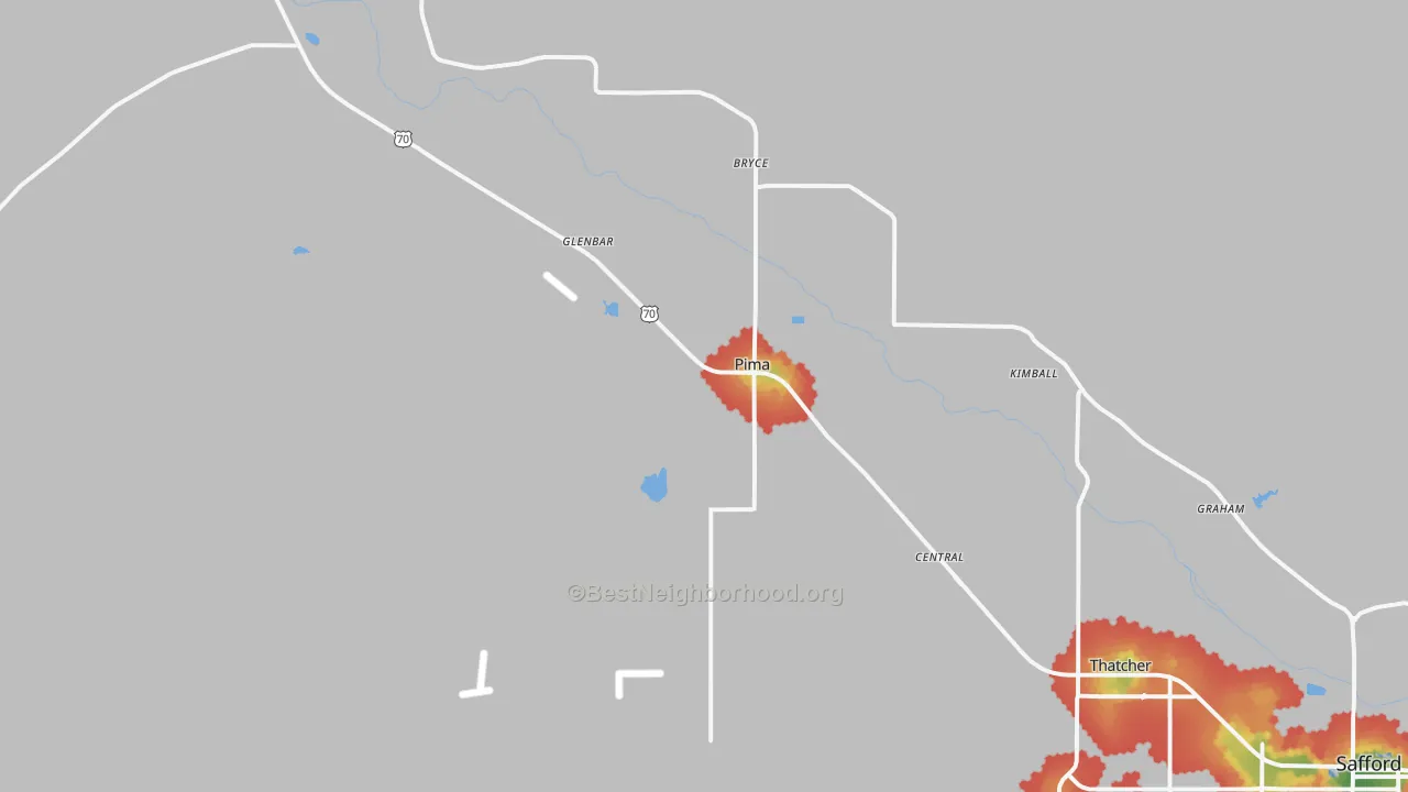 Walk Grade map of Pima, AZ, walkable areas in green and car-dependent areas in red