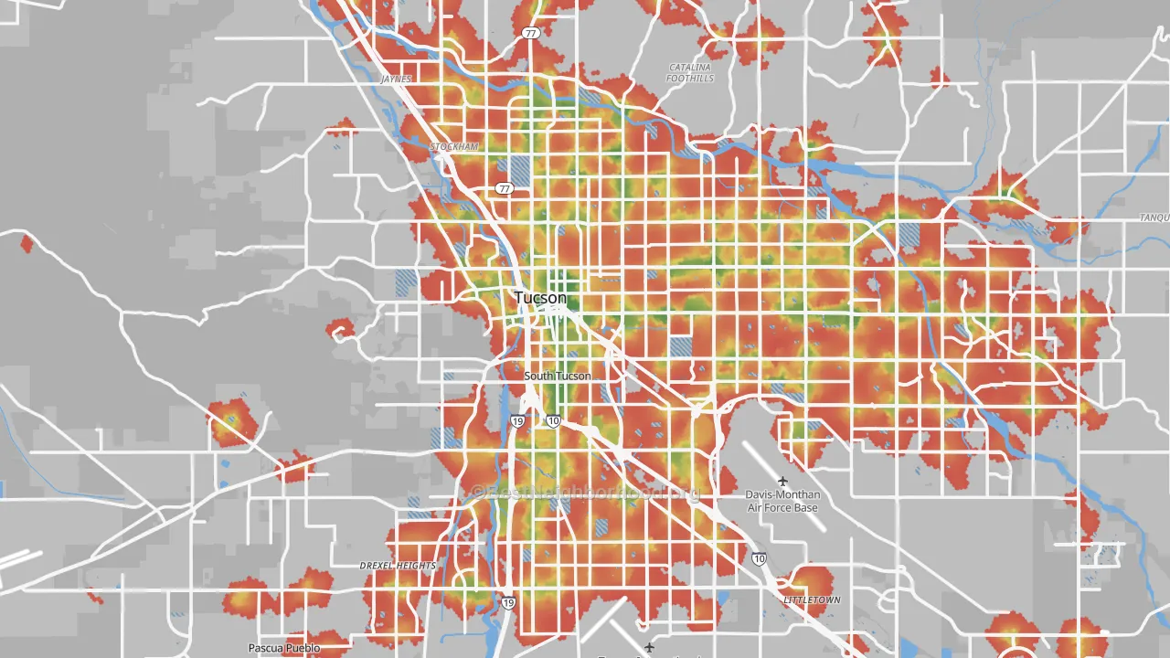 Walk Grade map of Pima County, AZ, walkable areas in green and car-dependent areas in red