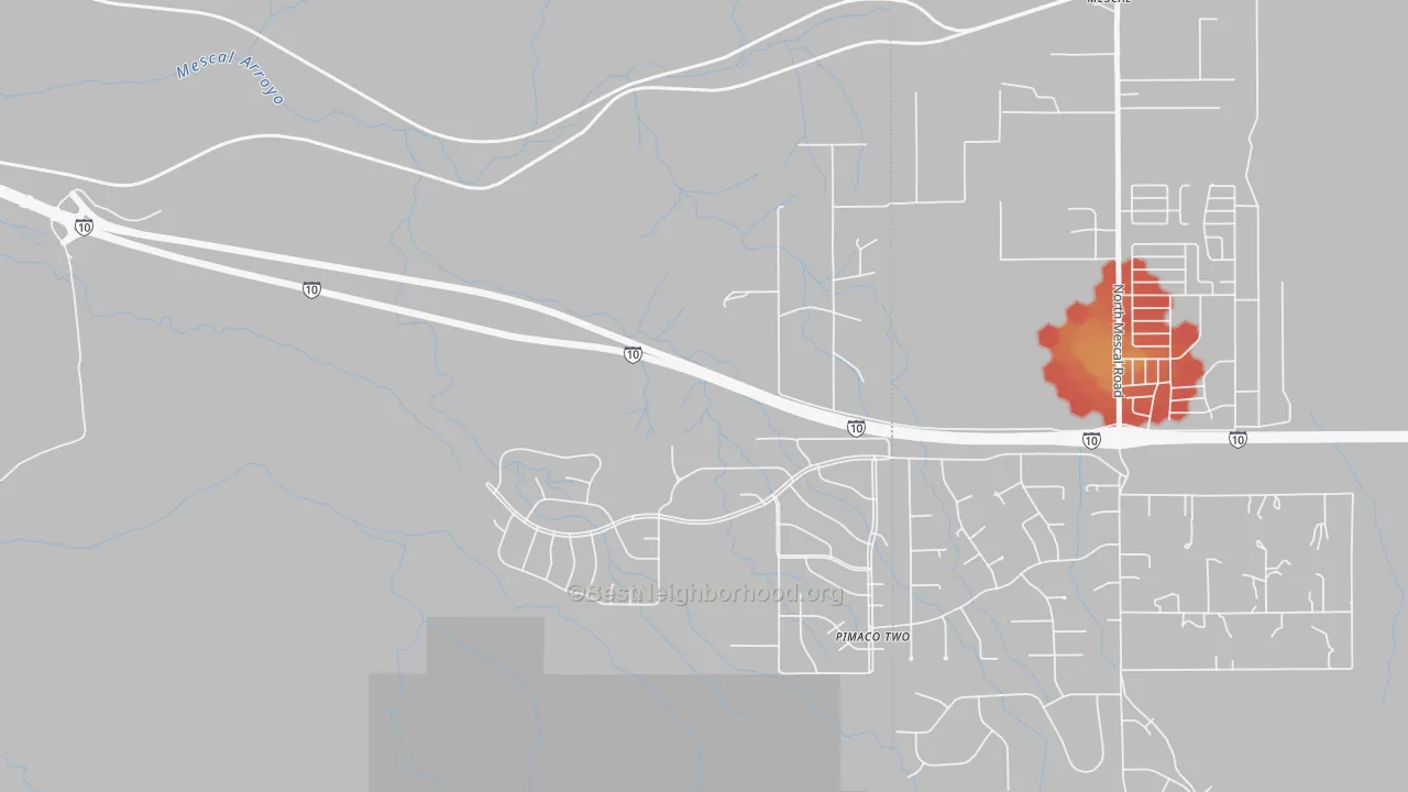 Walk Grade map of Pimaco Two, AZ, walkable areas in green and car-dependent areas in red