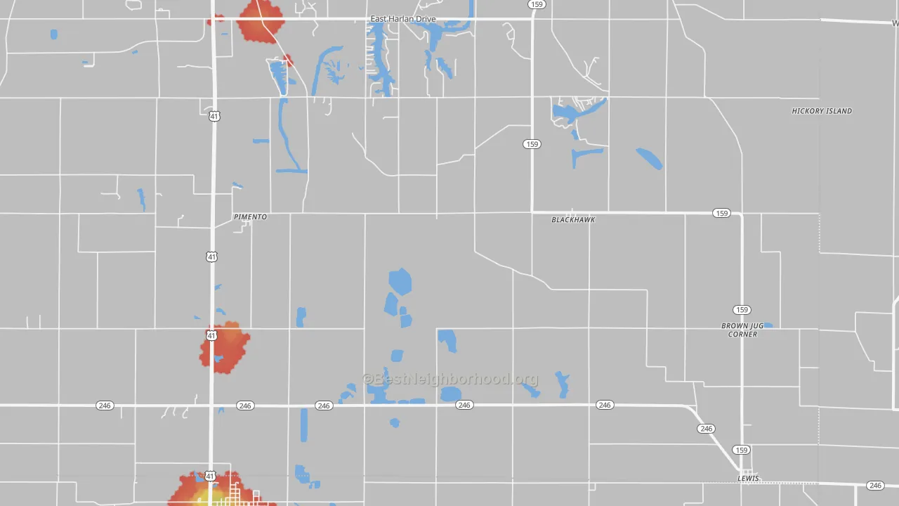 Walk Grade map of Pimento, IN, walkable areas in green and car-dependent areas in red