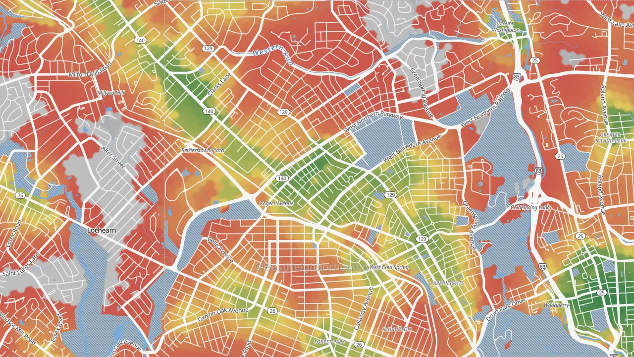 Walk Grade map of Pimlico, Baltimore, MD, walkable areas in green and car-dependent areas in red