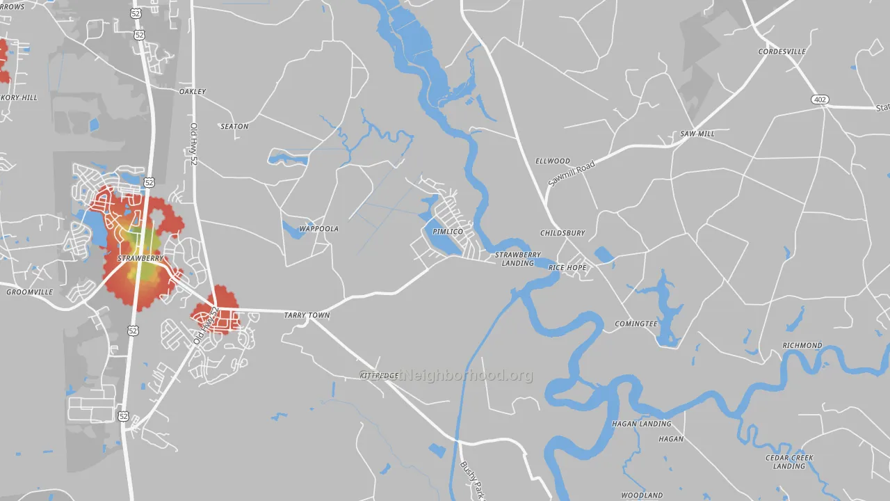 Walk Grade map of Pimlico, SC, walkable areas in green and car-dependent areas in red