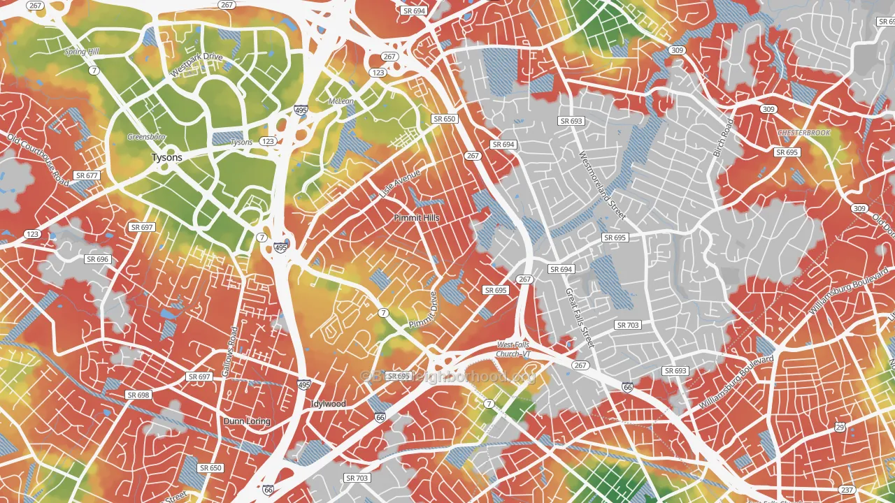 Walk Grade map of Pimmit Hills, Falls Church, VA, walkable areas in green and car-dependent areas in red