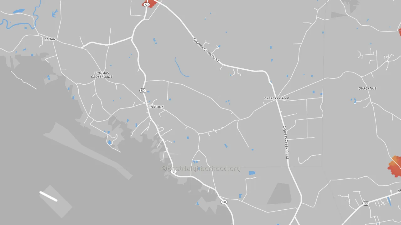 Walk Grade map of Pin Hook, NC, walkable areas in green and car-dependent areas in red