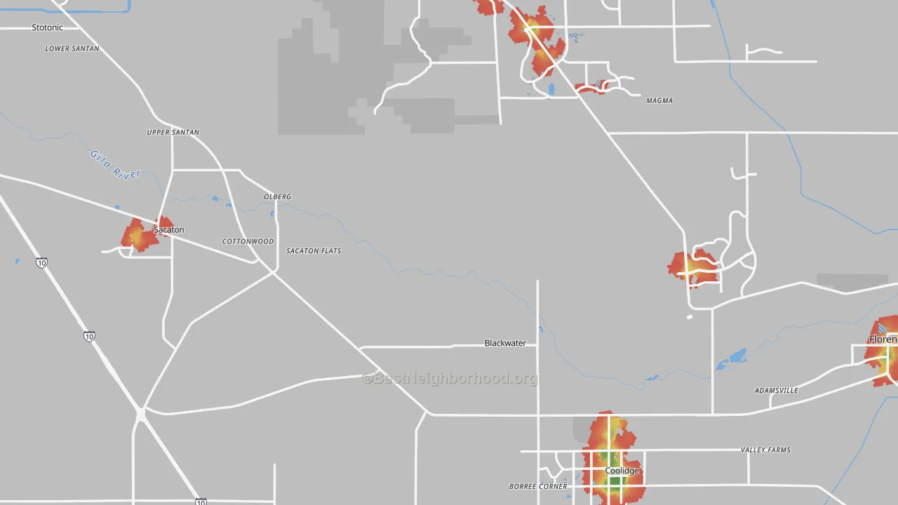 Walk Grade map of Pinal County, AZ, walkable areas in green and car-dependent areas in red