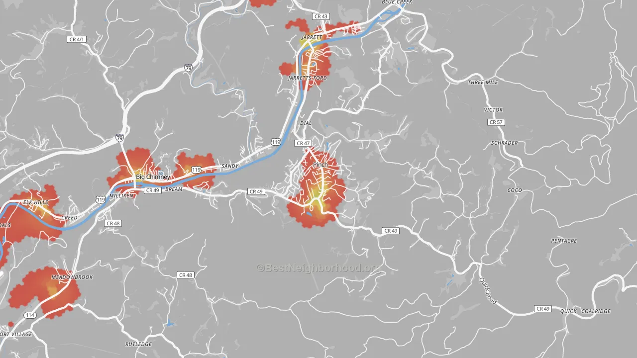 Walk Grade map of Pinch, WV, walkable areas in green and car-dependent areas in red