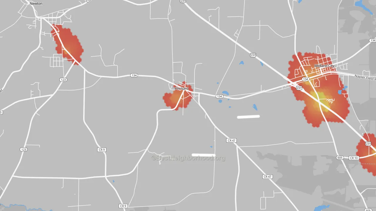 Walk Grade map of Pinckard, AL, walkable areas in green and car-dependent areas in red