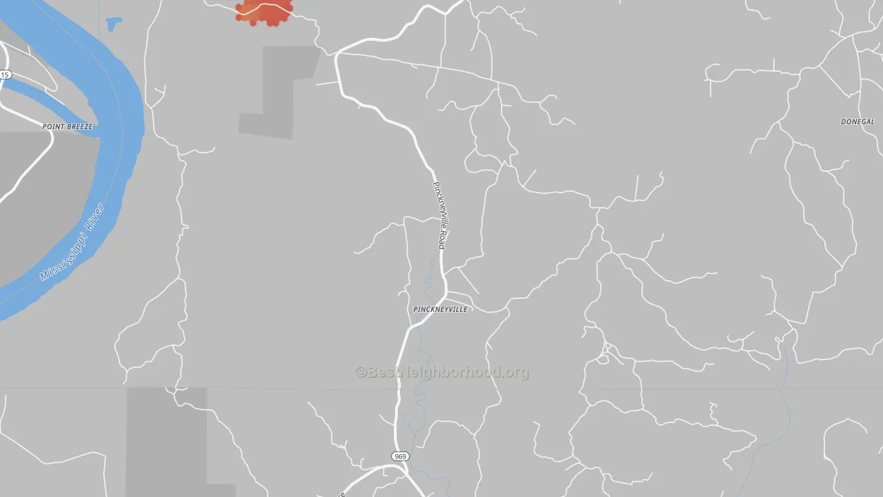 Walk Grade map of Pinckneyville, MS, walkable areas in green and car-dependent areas in red