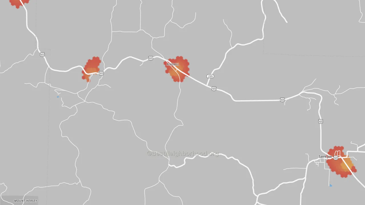 Walk Grade map of Pindall, AR, walkable areas in green and car-dependent areas in red