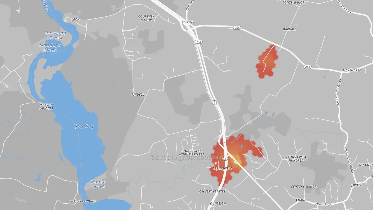Walk Grade map of Pindell, MD, walkable areas in green and car-dependent areas in red