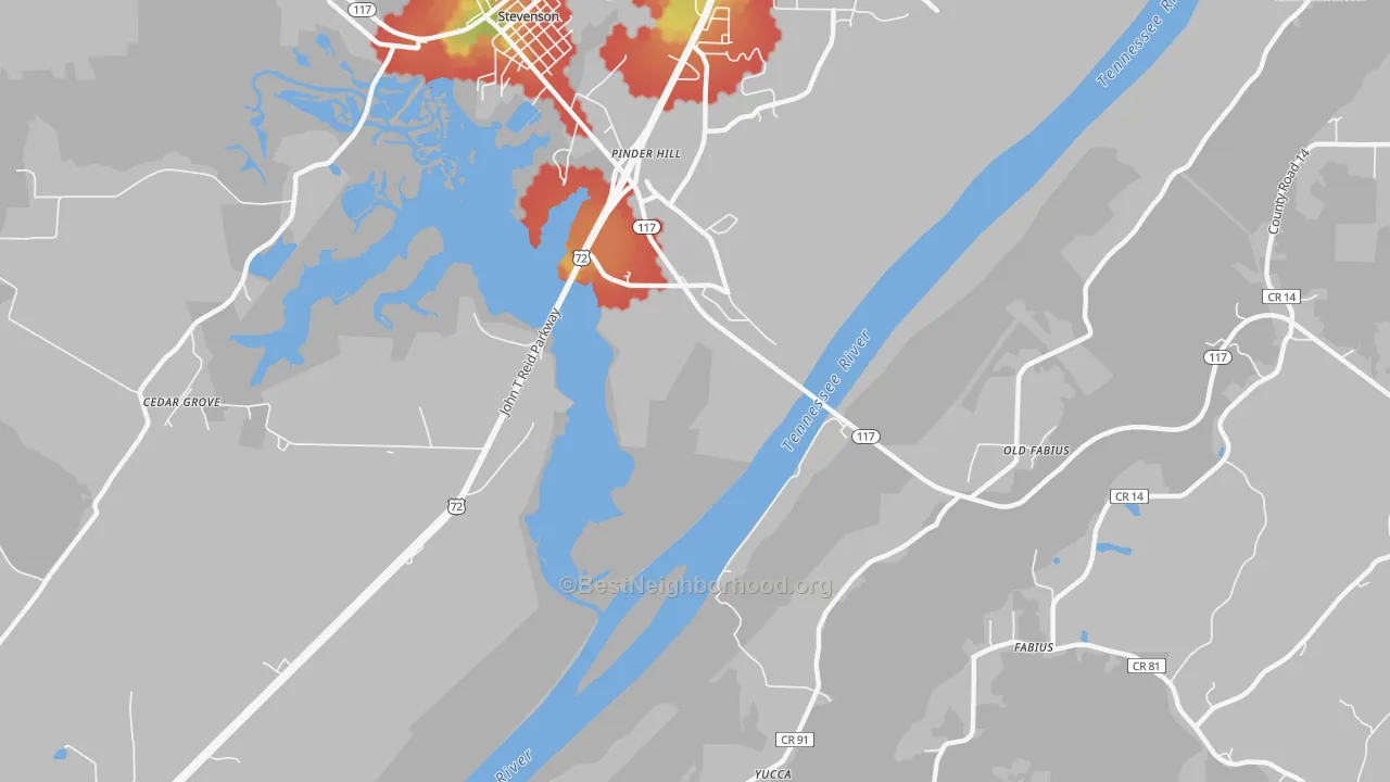 Walk Grade map of Pinder Hill, AL, walkable areas in green and car-dependent areas in red