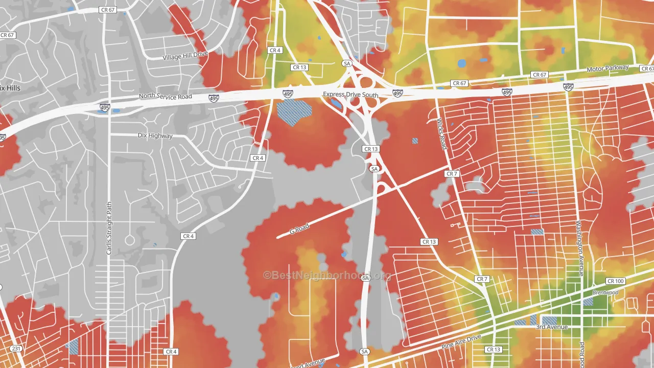 Walk Grade map of Pine Aire, NY, walkable areas in green and car-dependent areas in red