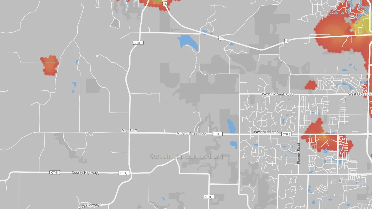 Walk Grade map of Pine Bluff, WI, walkable areas in green and car-dependent areas in red