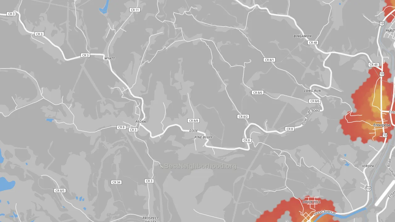 Walk Grade map of Pine Bluff, WV, walkable areas in green and car-dependent areas in red