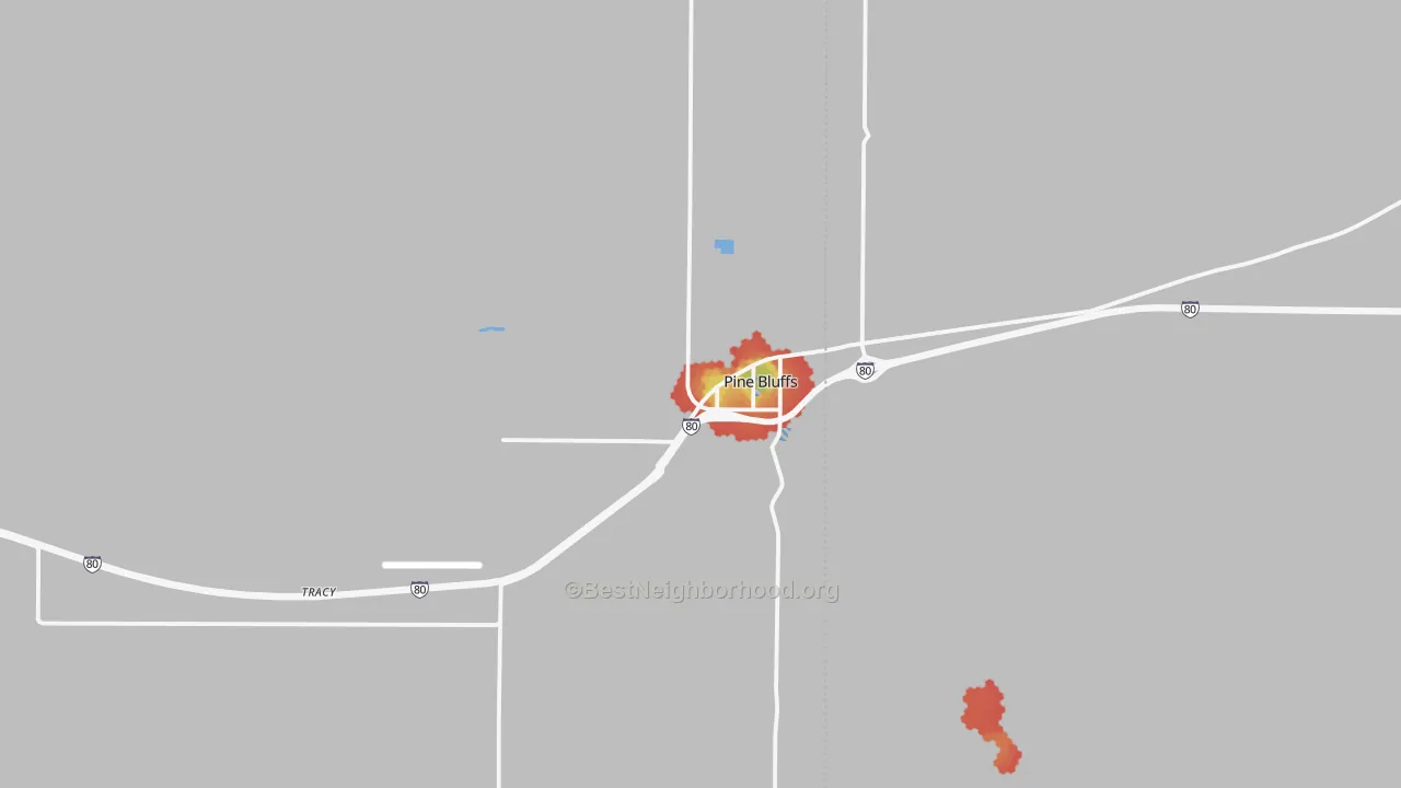 Walk Grade map of Pine Bluffs, WY, walkable areas in green and car-dependent areas in red