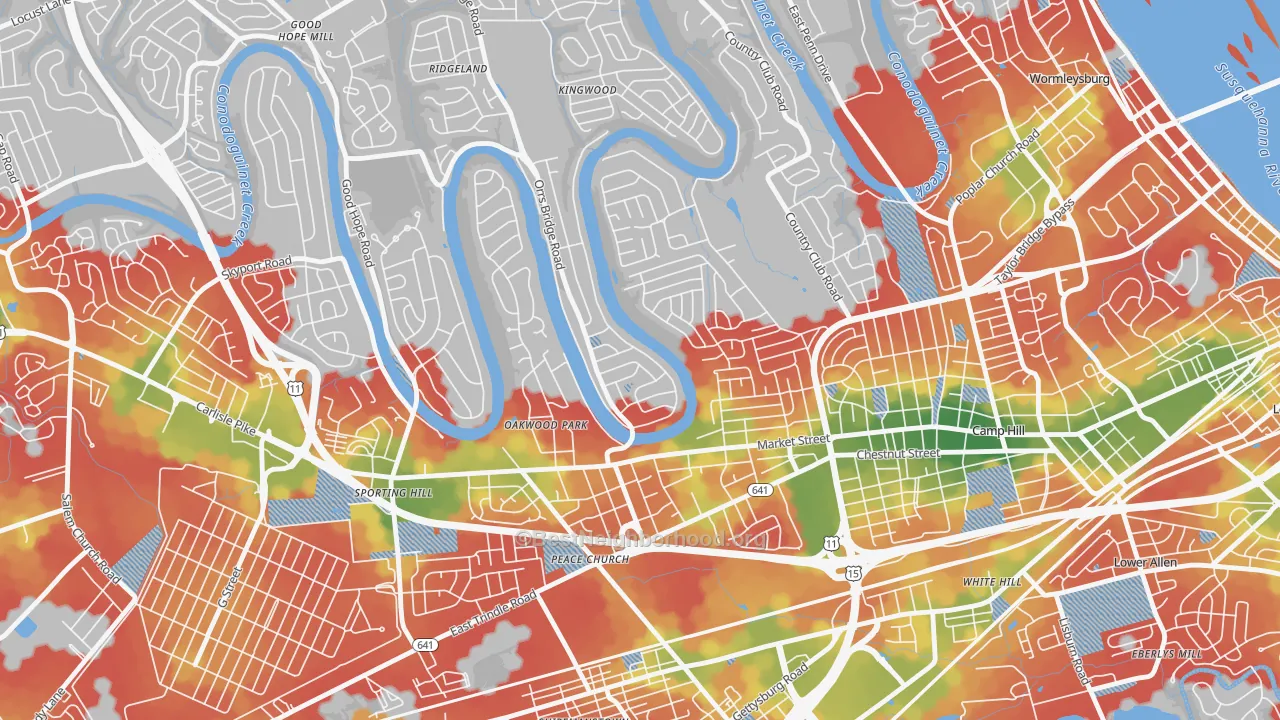 Walk Grade map of Pine Brook, Camp Hill, PA, walkable areas in green and car-dependent areas in red
