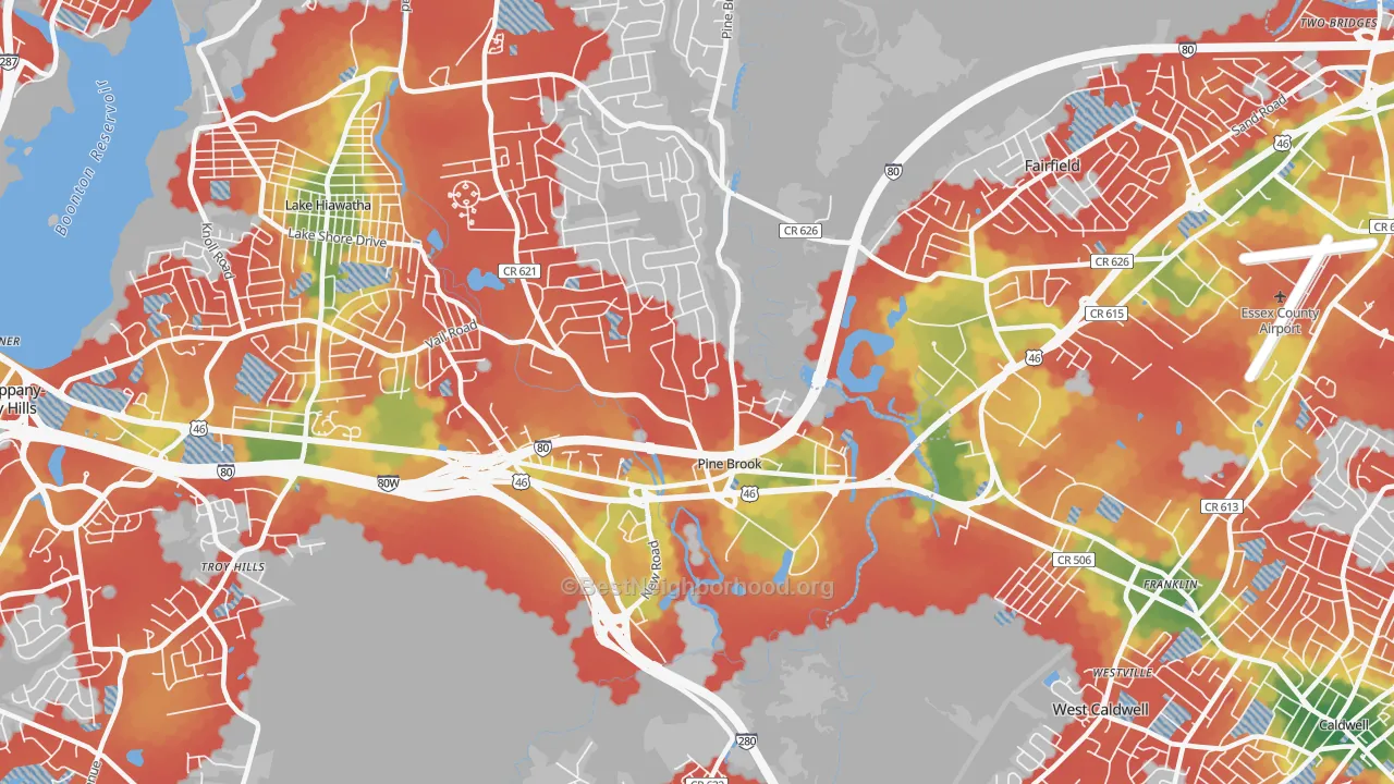 Walk Grade map of Pine Brook, NJ, walkable areas in green and car-dependent areas in red