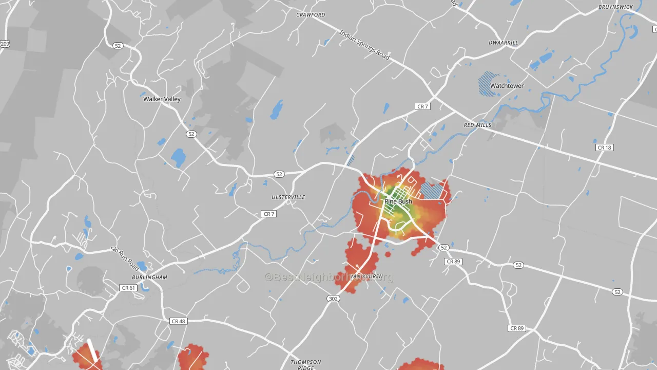 Walk Grade map of Pine Bush, NY, walkable areas in green and car-dependent areas in red