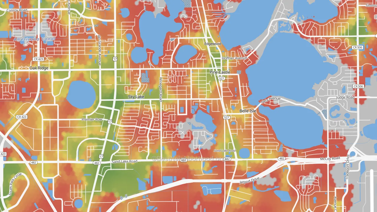Walk Grade map of Pine Castle, FL, walkable areas in green and car-dependent areas in red