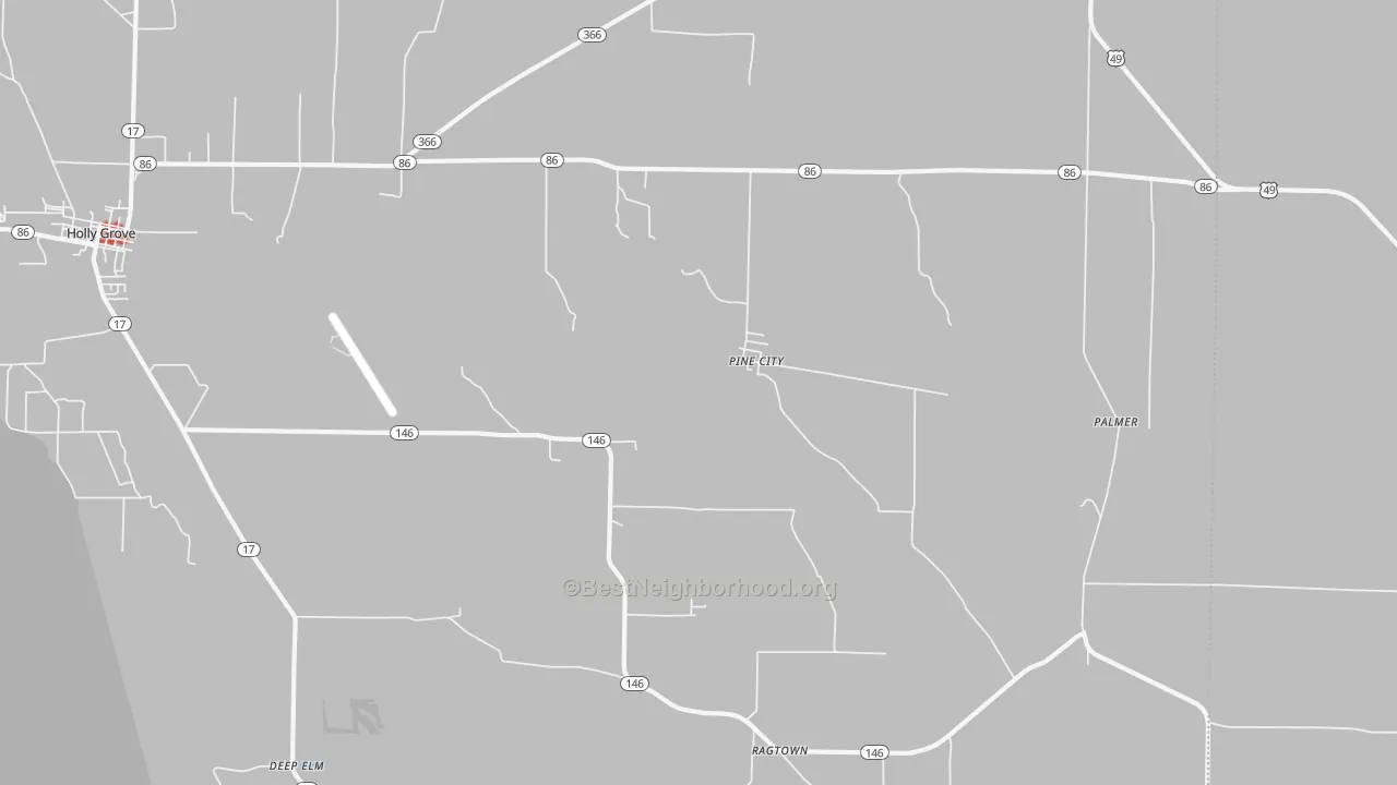 Walk Grade map of Pine City, AR, walkable areas in green and car-dependent areas in red