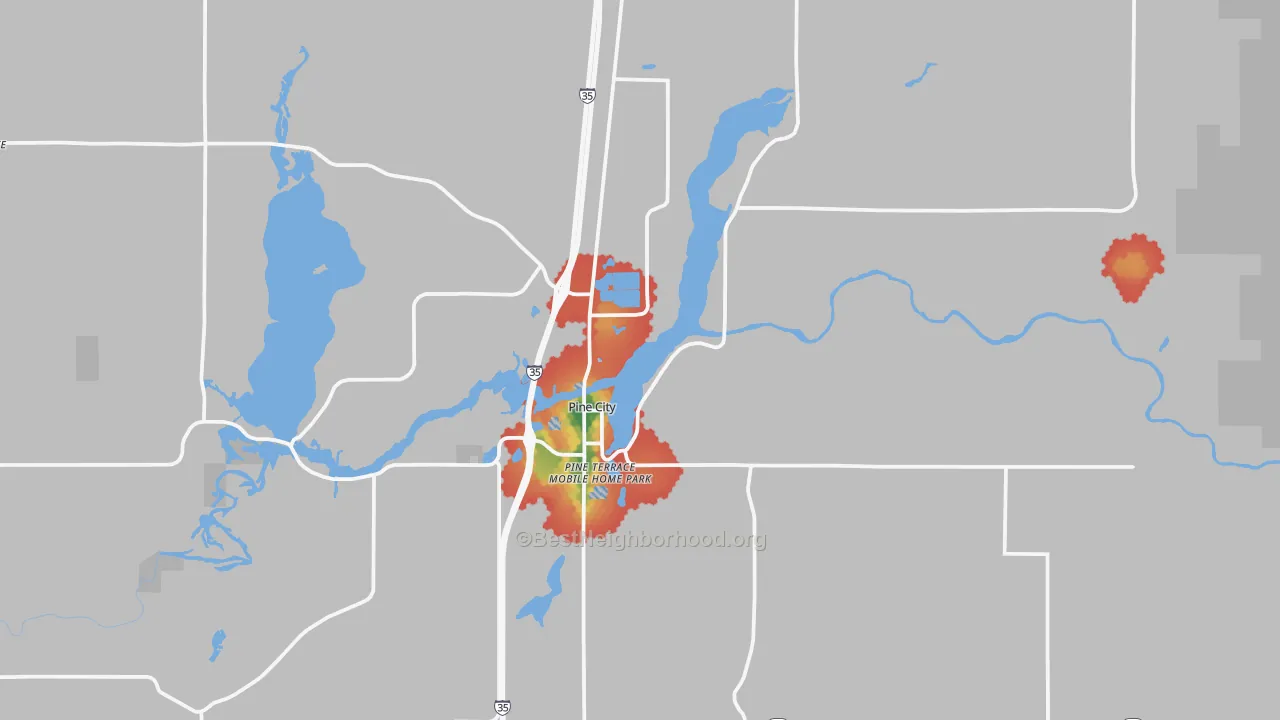Walk Grade map of Pine City, MN, walkable areas in green and car-dependent areas in red