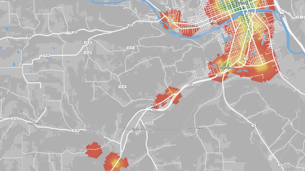 Walk Grade map of Pine City, NY, walkable areas in green and car-dependent areas in red
