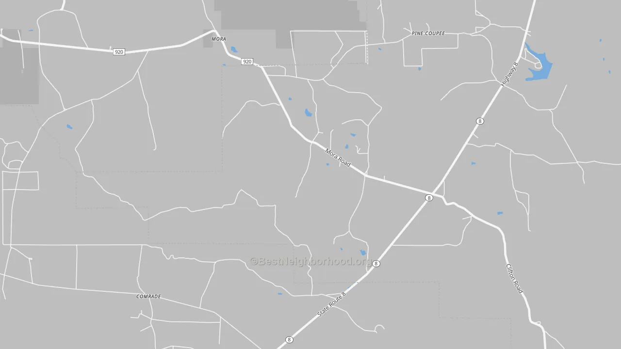 Walk Grade map of Pine Coupee, LA, walkable areas in green and car-dependent areas in red