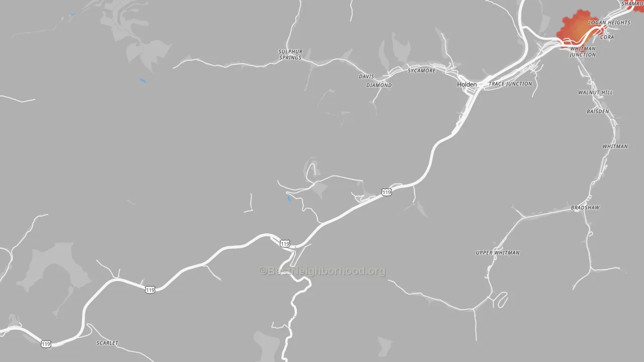 Walk Grade map of Pine Creek, WV, walkable areas in green and car-dependent areas in red