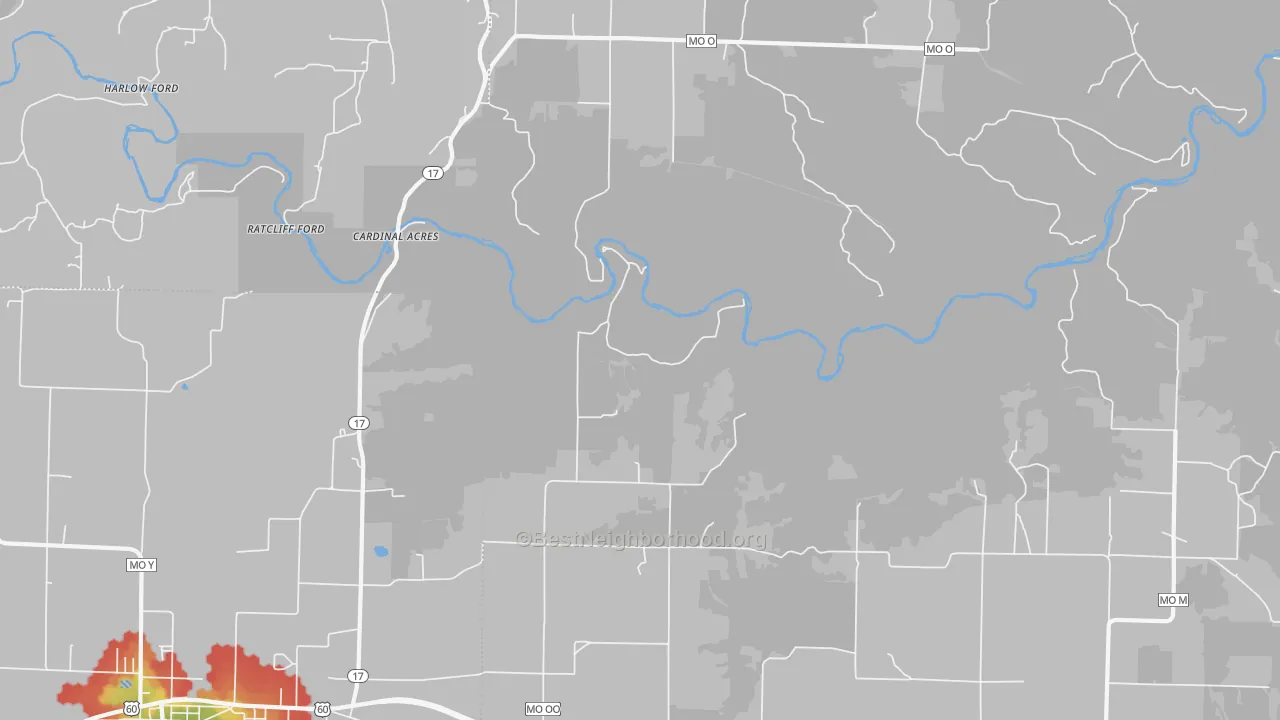 Walk Grade map of Pine Crest, MO, walkable areas in green and car-dependent areas in red