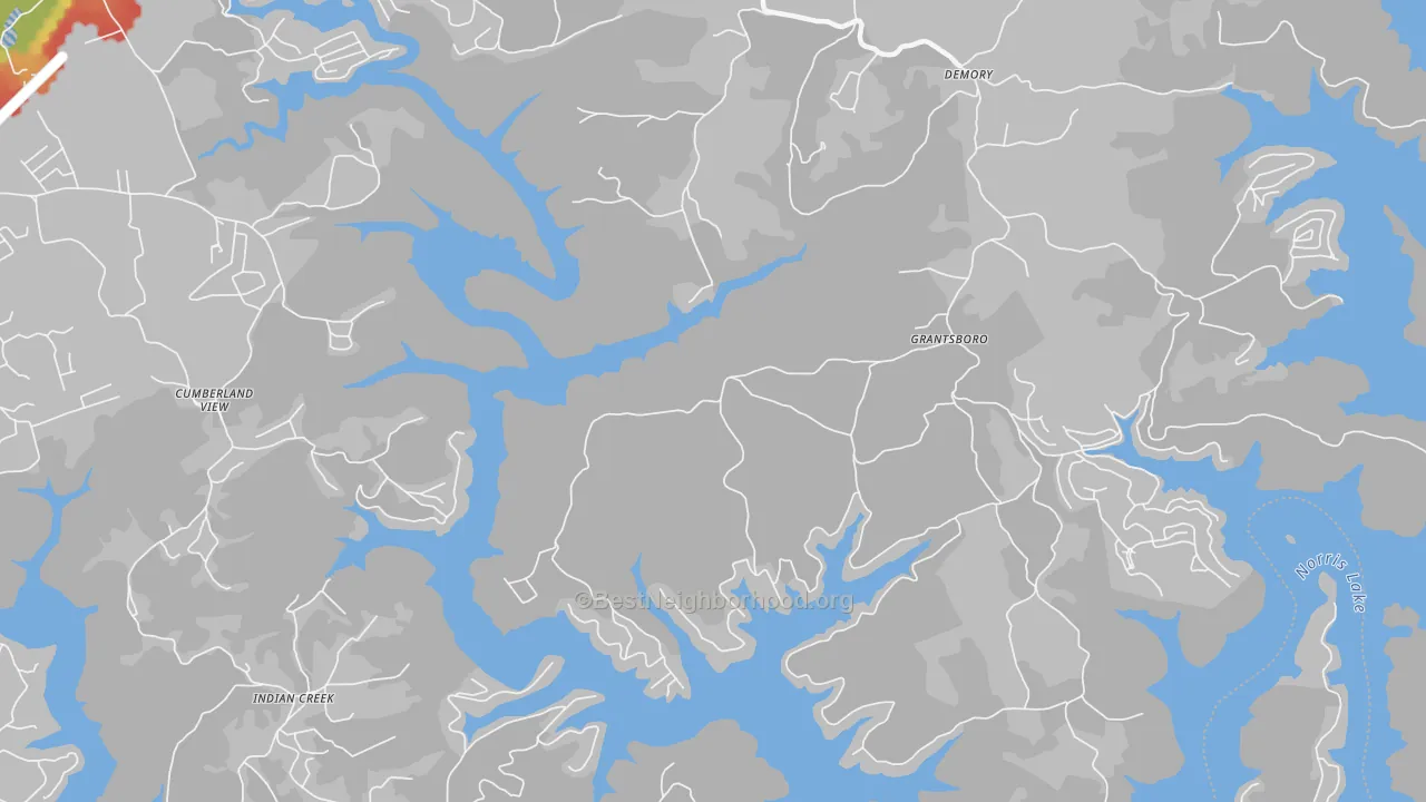 Walk Grade map of Pine Crest, TN, walkable areas in green and car-dependent areas in red