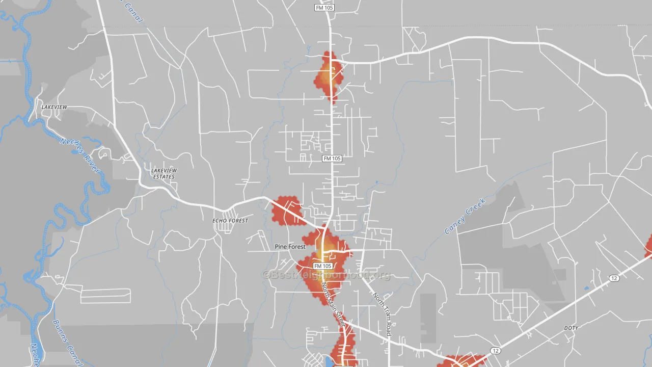 Walk Grade map of Pine Forest, TX, walkable areas in green and car-dependent areas in red
